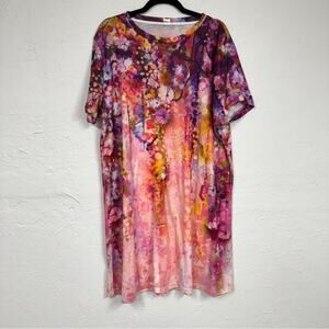 Pink Lady Purple Pink Floral Short Sleeve Tunic Blouse Womens 2X Boho Spring